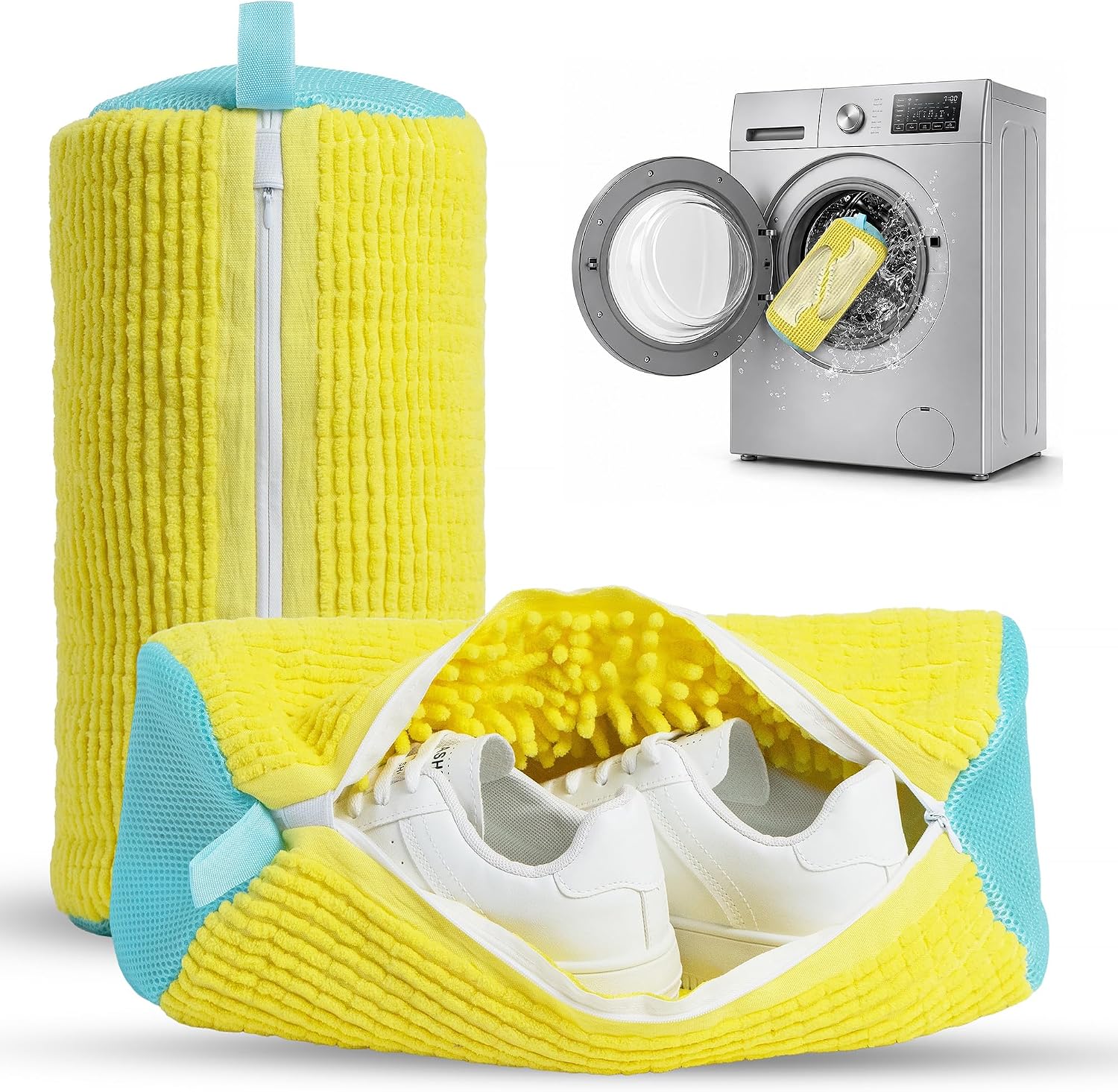 Shoe Washing Machine Bag – 2 Pcs Reusable Laundry Shoe Bag, 360° Deep Cleaning Sneaker Washing Bag, Durable Mesh Net with Zipper Protection, Fits All Shoe Types & Sizes (2 PCS Yellow)